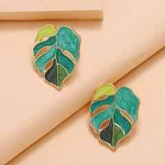 Green Enamel Hollow Coconut Palm Oil-dripping Leaf Stud Korean Earrings for Girls