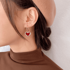 Vintage Red Enamel Love Heart Shaped Pendant Hoop type Korean Earrings for Women