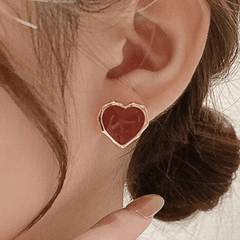 Vintage Red Enamel Love Heart Shaped Gold Plated Stud Korean Earrings for Women