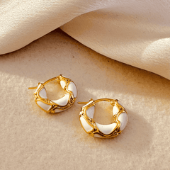 Trendy Enamel White Color Metal with Golden Texture Small Hoop Korean Earrings for Women