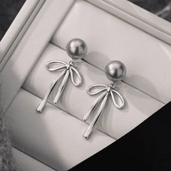 Trendy Elegant Silver Metal Aesthetic Fairy Bow Pearl Long Dangle Korean Earrings for Women