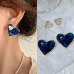 Hot Trendy Blue Dropping Oil Stained Double Heart Stud Korean Fashion Love Earrings
