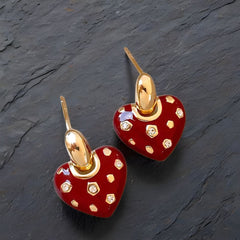 Vintage Trendy Red Enamel Metal Love Small Heart Shaped Korean Style Hoop Earrings for Women
