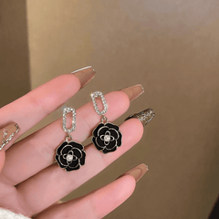Vintage Modern Dailywear Black Camellia Flower with Rhinestone Drop Korean Earrings for Girls