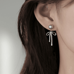 Trendy Elegant Silver Metal Aesthetic Fairy Bow Pearl Long Dangle Korean Earrings for Women