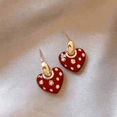 Vintage Trendy Red Enamel Metal Love Small Heart Shaped Korean Style Hoop Earrings for Women