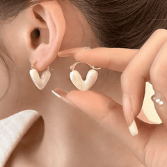 Gold Plated Romantic White Enamel Heart Shaped Pendant Drop Korean Earrings for Women