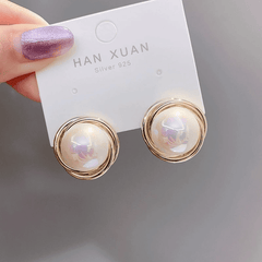 Vintage Big White Pearl with Golden Swirl Rings Stud Korean Earring for Women