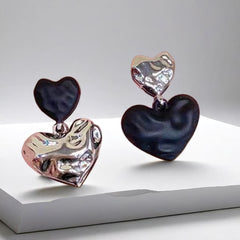 Black Texture Love Asymmetrical Luxury Double Heart Drop Korean Stud Earrings for Girls