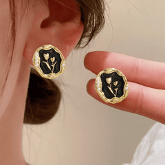 Latest Retro Irregular Circular Shaped Black Tulip Oil Painting Elegant Stud Korean Earrings for Girls