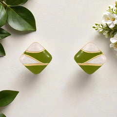Green Color Resin Square Gold Plated Geometric Stud Korean Earrings for Girls
