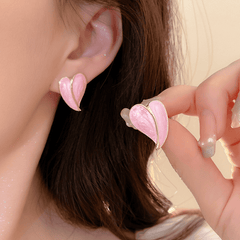 Vintage Pink Enamel Shiny Love Heart-shaped Stud Korean Earrings for Girls