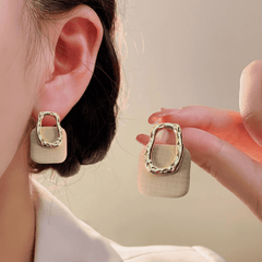 Retro Square White Fabric Geometric Hanging Hollow Gold Metal Trendy Drop Korean Earrings