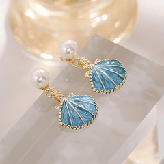 Trendy Blue Color SeaShell Drop Earring with White Pearl Korean Earring for Women