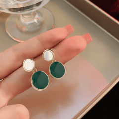 Vintage Green Enamel Natural Shell Geometric Round Drop Korean Earrings for Women