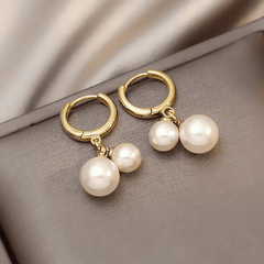 Elegant Double White Pearl Minimalist Gold Hoop Korean Earrings with Dual Pearl Charm for Women