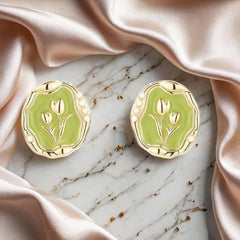 Latest Retro Irregular Circular Shaped Green Tulip Oil Painting Elegant Stud Korean Earrings for Girls (Copy)