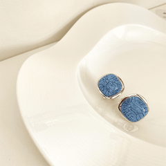 Trendy Retro Geometric Metal Square Blue Marble Stud Korean Earring for Girls