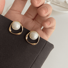 Vintage Golden Irregular Hollow Geometric Shaped With Simple white Pearl Stud Korean Earrings for Women