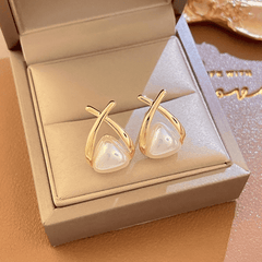 Latest Trendy Golden Triangle Shaped with White Pearl retro Stud Korean Earrings for Girls