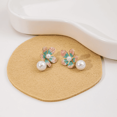 Lovely Oil Painted Pink Blue Flower with Pearl Drop Korean Earrings For Girls