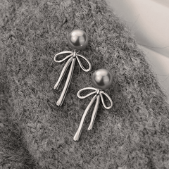 Trendy Elegant Silver Metal Aesthetic Fairy Bow Pearl Long Dangle Korean Earrings for Women