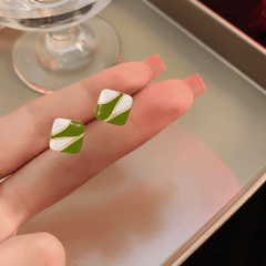 Green Color Resin Square Gold Plated Geometric Stud Korean Earrings for Girls