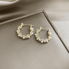 Retro Gold Color Circle Mesh Pearl Vintage Simple Design Hoop Korean Earrings