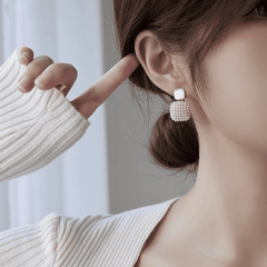 Trendy Simple White Square Pearl Pendant Drop Korean Earrings for Girls