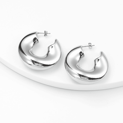 Irregular Thick Metal Round Silver Color Hollow Hoop Korean Earrings