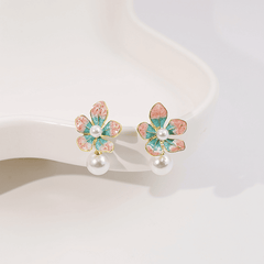 Lovely Oil Painted Pink Blue Flower with Pearl Drop Korean Earrings For Girls