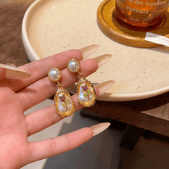 Vintage Golden Irregular Oval Shaped Flower Oil Painting Enamel Pearl Drop Korean Earrings