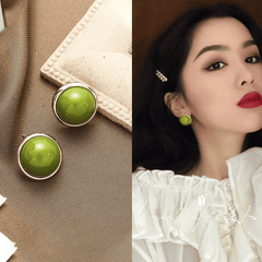Vintage Trendy Latest Green Metallic Round Shaped Elegant Stud Korean Earrings for Girls