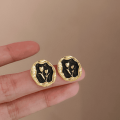 Latest Retro Irregular Circular Shaped Black Tulip Oil Painting Elegant Stud Korean Earrings for Girls