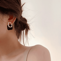 Retro Square Black Fabric Geometric Hanging Hollow Gold Metal Trendy Drop Korean Earrings