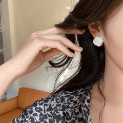 Trendy Retro Geometric Metal Square White Marble Stud Korean Earring for Girls