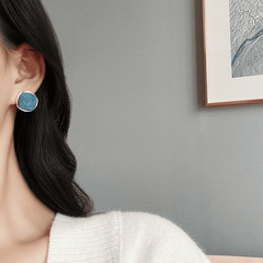 Trendy Retro Geometric Metal Square Blue Marble Stud Korean Earring for Girls