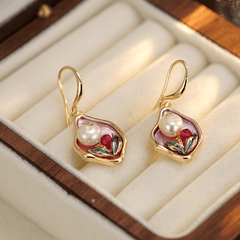 Luxury Vintage Style Metal Enamel Oil Painting Spring Flower Pearl Korean Drop Earrings for Women