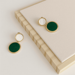 Vintage Green Enamel Natural Shell Geometric Round Drop Korean Earrings for Women