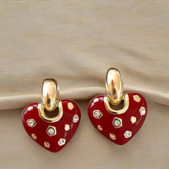 Vintage Trendy Red Enamel Metal Love Small Heart Shaped Korean Style Hoop Earrings for Women