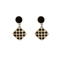 Vintage Luxurious Geometric Black and White Checkerboard Square Long drop Korean Earring