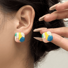 Vintage Simple Modern Enamel Patchwork Colorful Geometric Square Stud Korean Earrings for Girls
