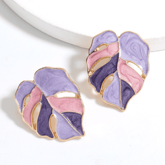 Purple Enamel Hollow Coconut Palm Oil-dripping Leaf Stud Korean Earrings for Girls