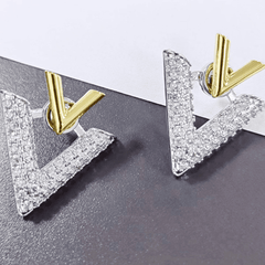 Geometry Silver Golden Double V-shaped Stud Earrings with Rhinestone Korean Earrings
