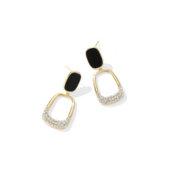 Vintage Golden Tone Rhinestone Black Enamel Oval shaped Dangle Drop Korean Earrings