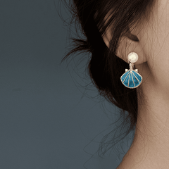 Trendy Blue Color SeaShell Drop Earring with White Pearl Korean Earring for Women