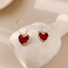 Vintage Red Enamel Love Heart Shaped Pendant Hoop type Korean Earrings for Women