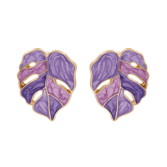 Purple Enamel Hollow Coconut Palm Oil-dripping Leaf Stud Korean Earrings for Girls