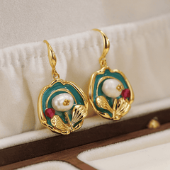 Vintage High-End Elegant Green Oil Painting Style Korean Drop Earrings for Women