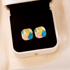 Vintage Simple Modern Enamel Patchwork Colorful Geometric Square Stud Korean Earrings for Girls